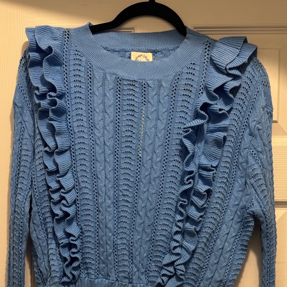 Blue Rain Ruffled Sweater Boho Cottagecore Grandmacore Top Long Sleeve